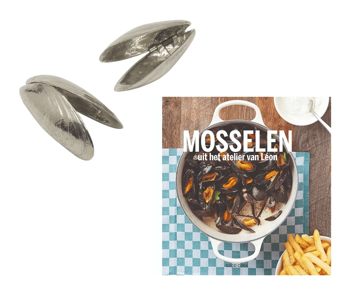 Mosselen uit het atelier van Léon + Zeeuws mosselbestek 2 stuks Mosselen Uit Het Atelier Van Léon + Zeeuws Mosselbestek 2 Stuks -Beroemde Keukenseries Winkel combideal mosselbestek en mosselboek 1